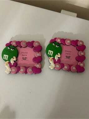 Two vintage M&M magnetic picture frames green and pink